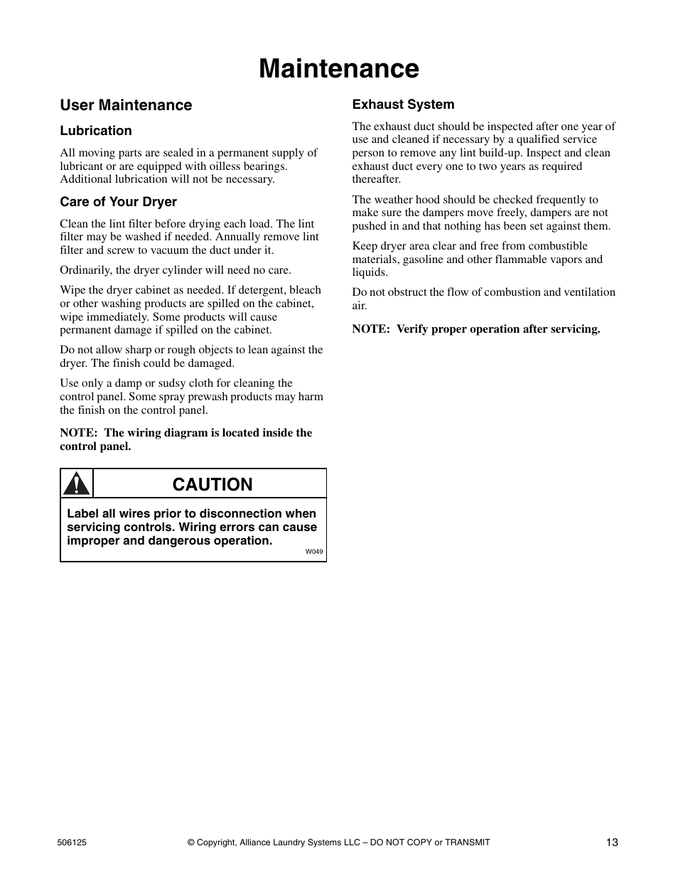 Maintenance, Caution | Alliance Laundry Systems DRY683C User Manual | Page 15 / 42