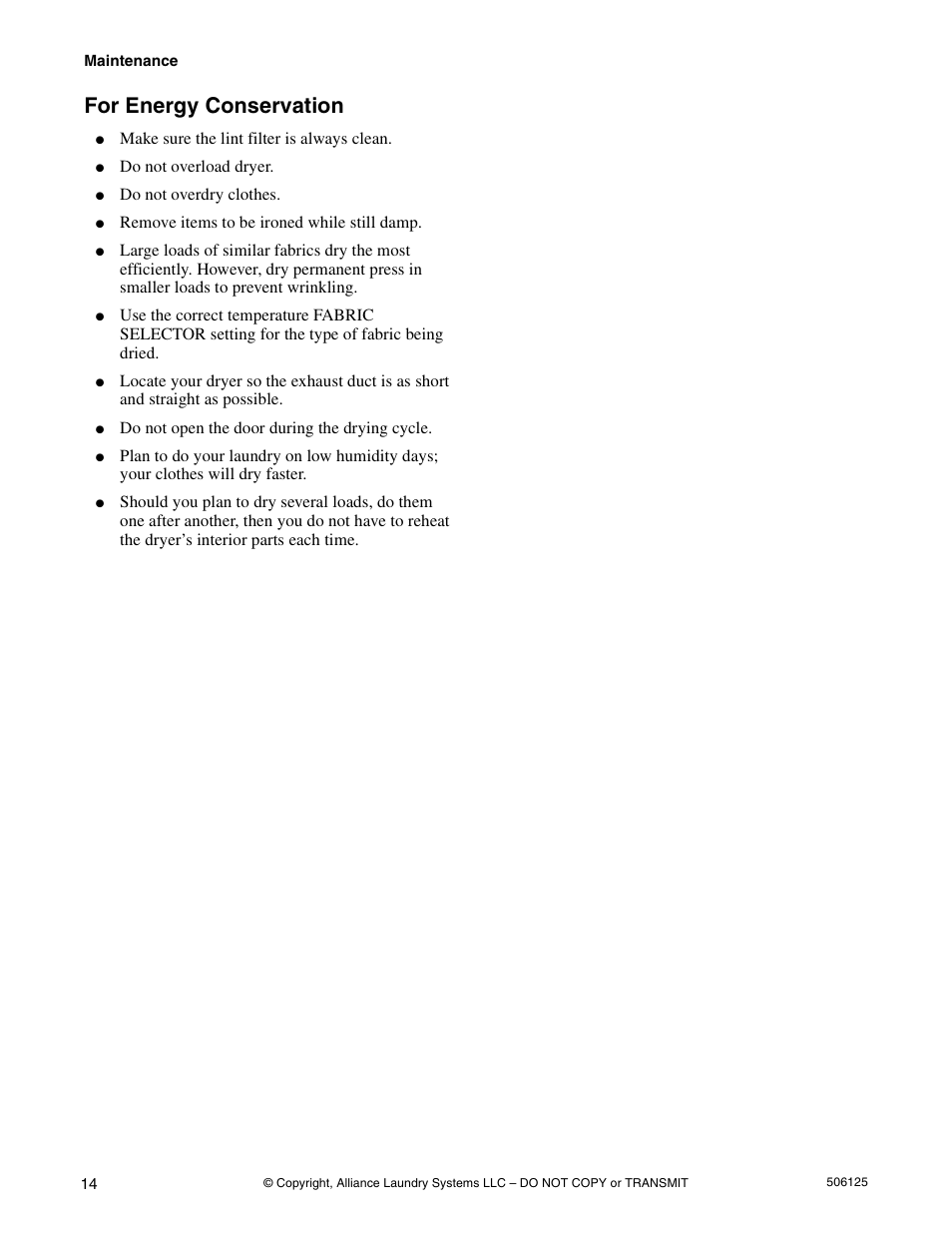 For energy conservation | Alliance Laundry Systems DRY683C User Manual | Page 16 / 42