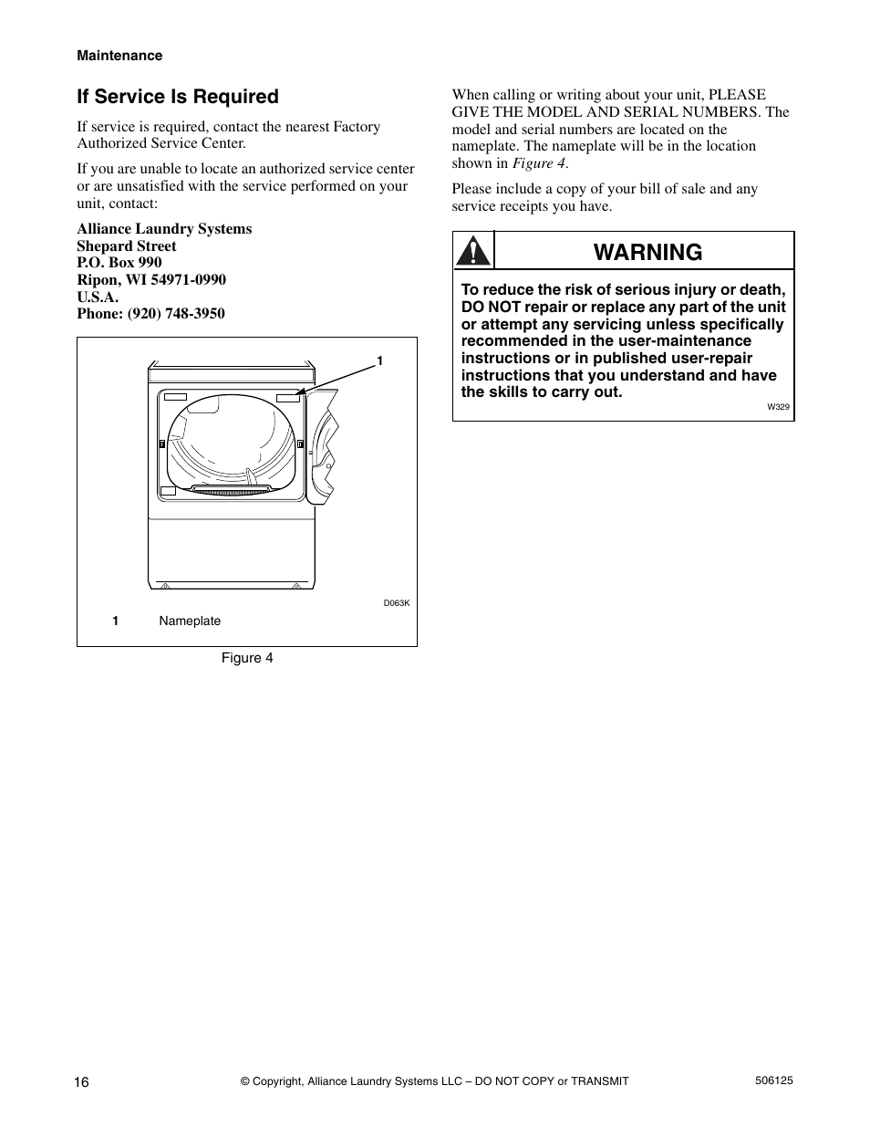 Warning, If service is required | Alliance Laundry Systems DRY683C User Manual | Page 18 / 42