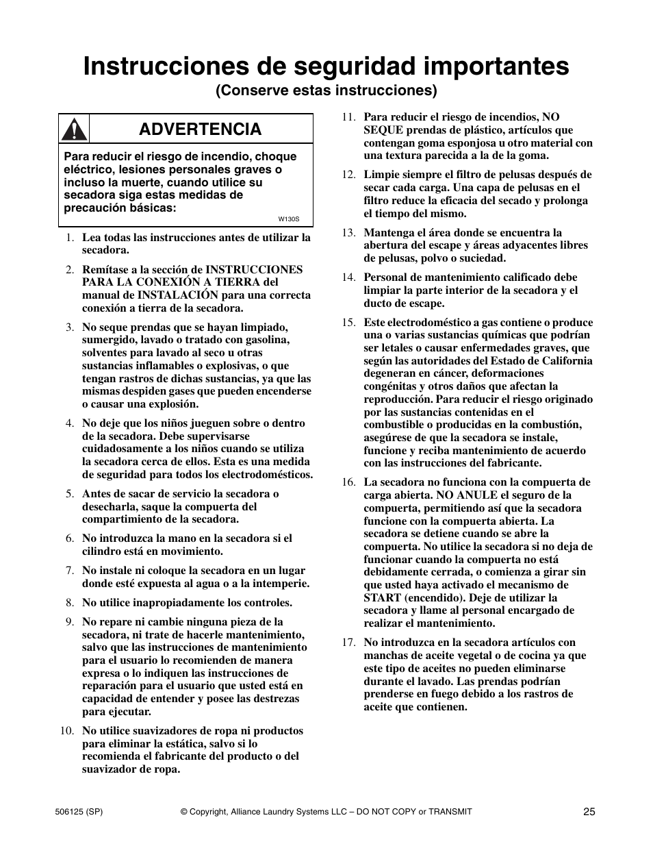 Instrucciones de seguridad importantes, Advertencia, Conserve estas instrucciones) | Alliance Laundry Systems DRY683C User Manual | Page 27 / 42