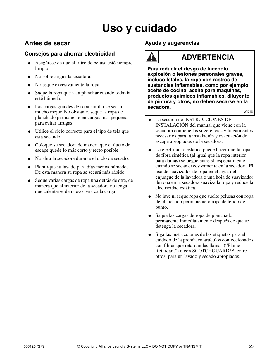 Uso y cuidado, Advertencia, Antes de secar | Alliance Laundry Systems DRY683C User Manual | Page 29 / 42