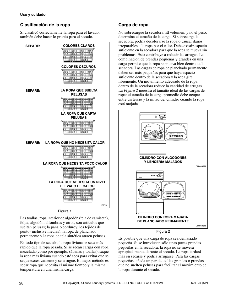 Clasificación de la ropa, Carga de ropa | Alliance Laundry Systems DRY683C User Manual | Page 30 / 42