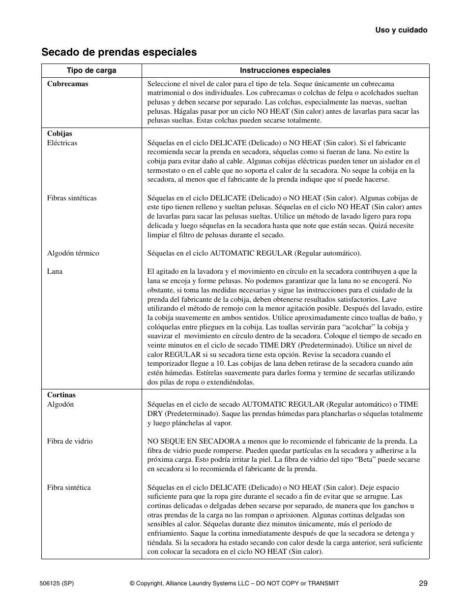 Secado de prendas especiales | Alliance Laundry Systems DRY683C User Manual | Page 31 / 42