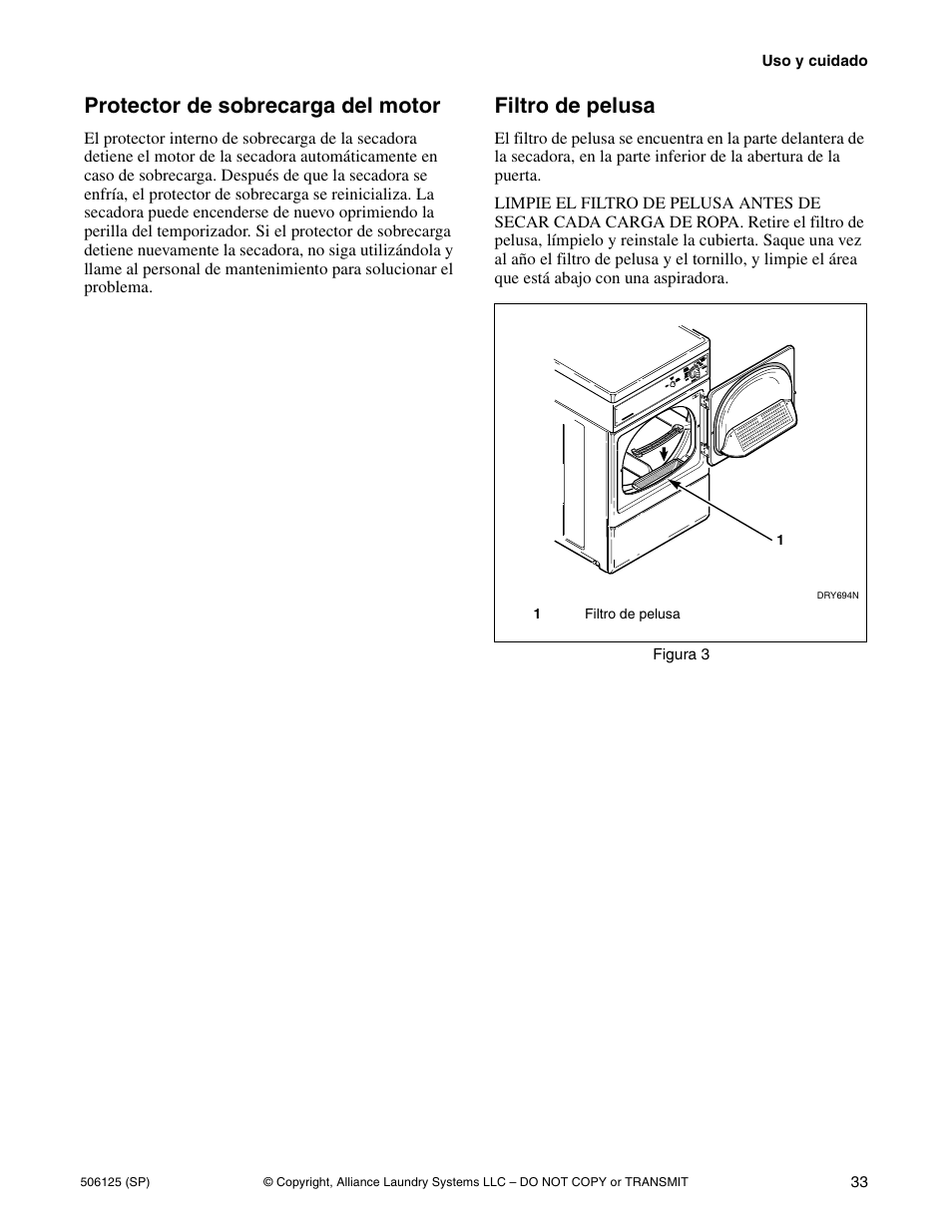 Protector de sobrecarga del motor, Filtro de pelusa | Alliance Laundry Systems DRY683C User Manual | Page 35 / 42