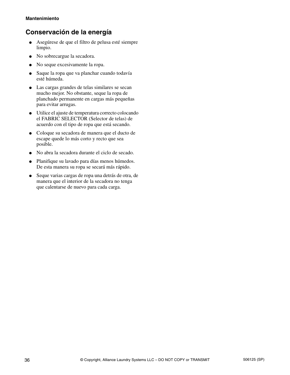 Conservación de la energía | Alliance Laundry Systems DRY683C User Manual | Page 38 / 42