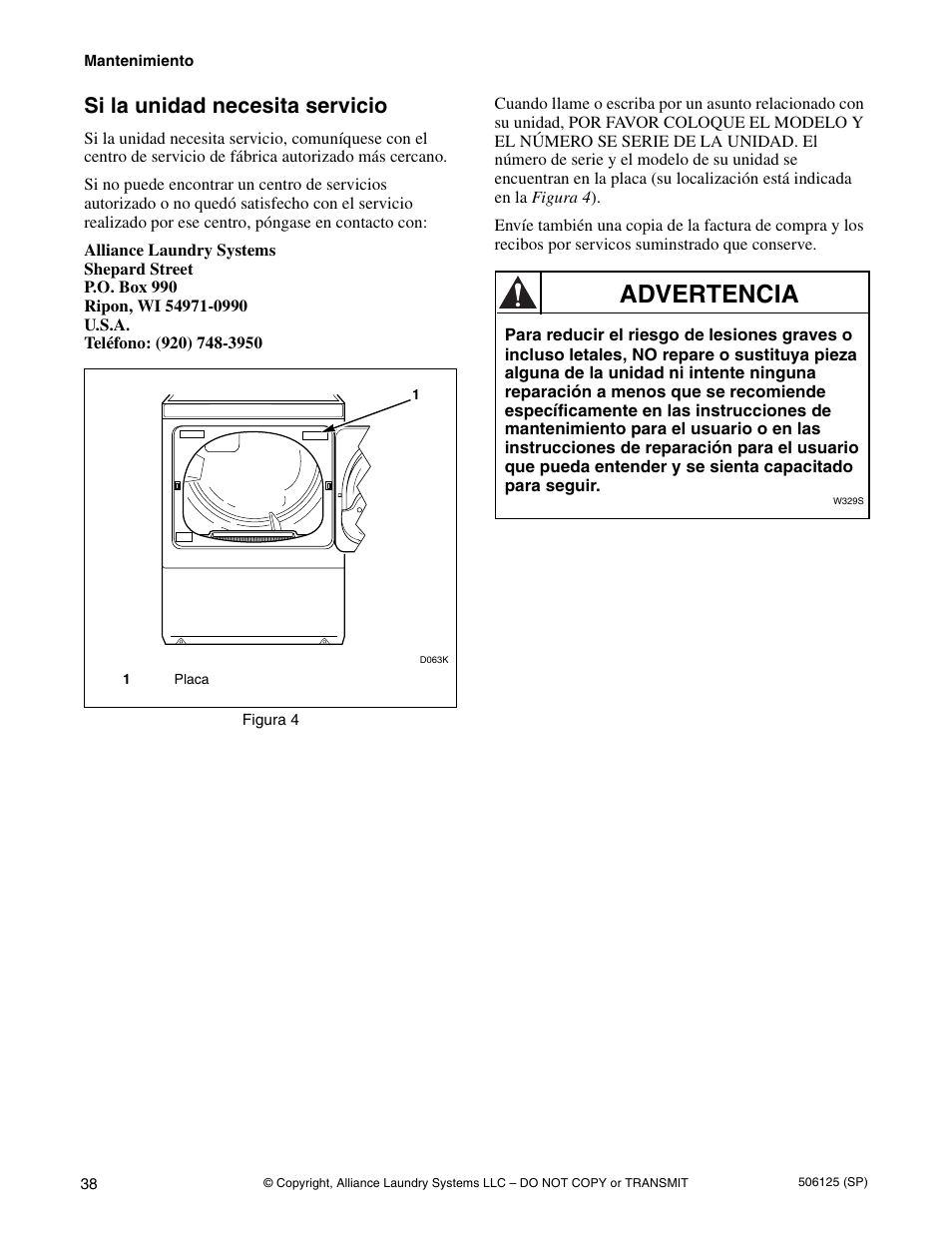Advertencia, Si la unidad necesita servicio | Alliance Laundry Systems DRY683C User Manual | Page 40 / 42