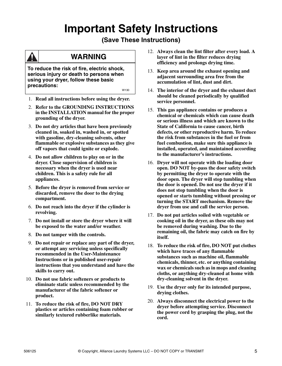 Important safety instructions, Warning, Save these instructions) | Alliance Laundry Systems DRY683C User Manual | Page 7 / 42