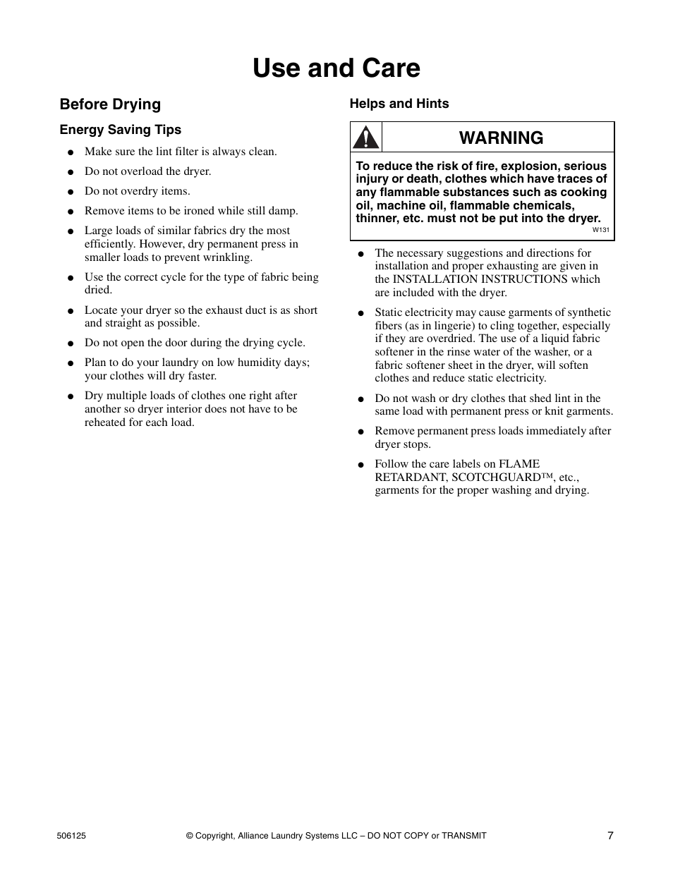Use and care, Warning, Before drying | Alliance Laundry Systems DRY683C User Manual | Page 9 / 42