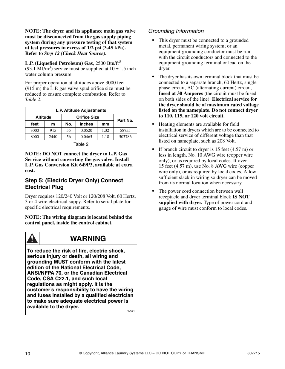 Warning | Alliance Laundry Systems 802715 User Manual | Page 10 / 24