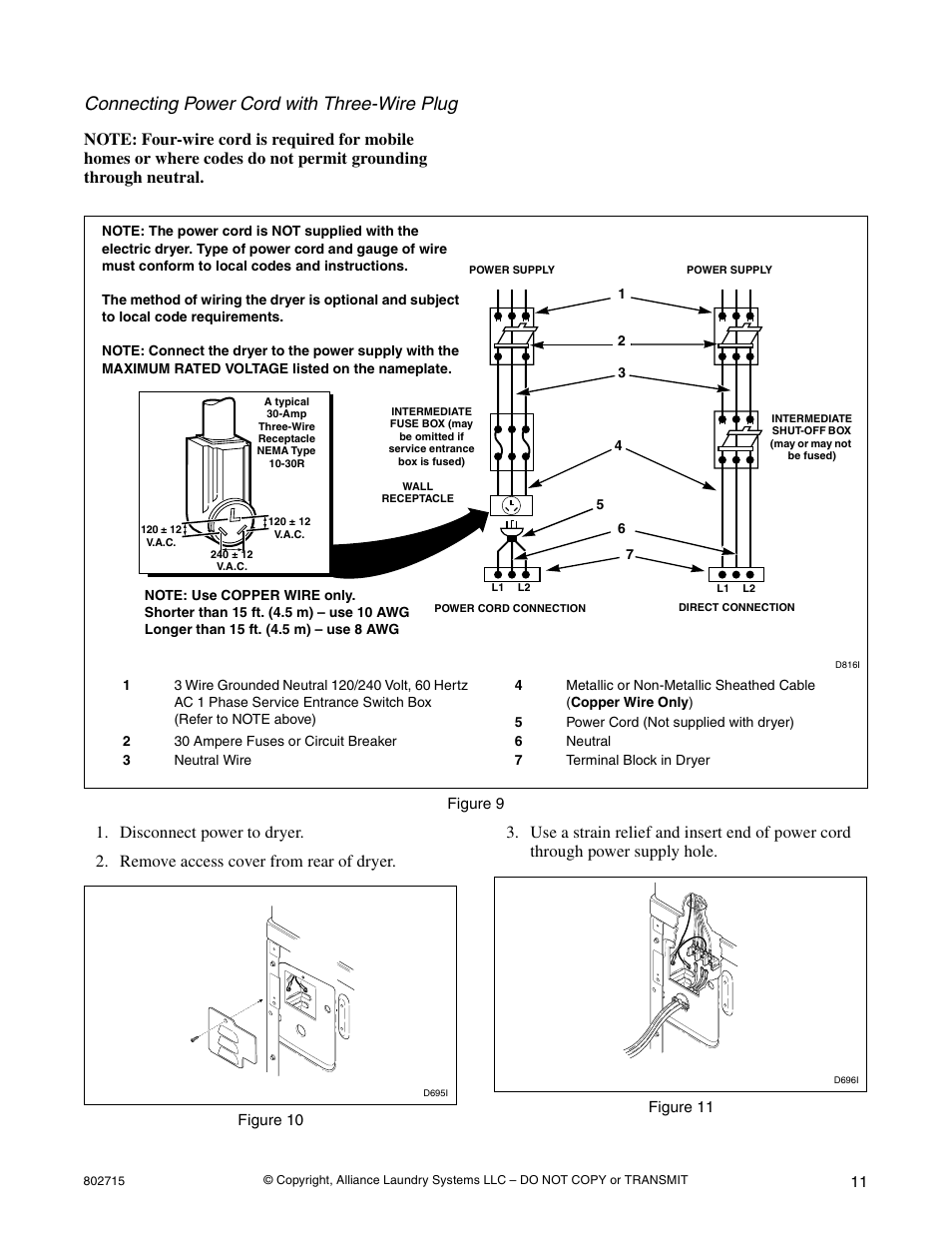 Connecting power cord with three-wire plug | Alliance Laundry Systems 802715 User Manual | Page 11 / 24