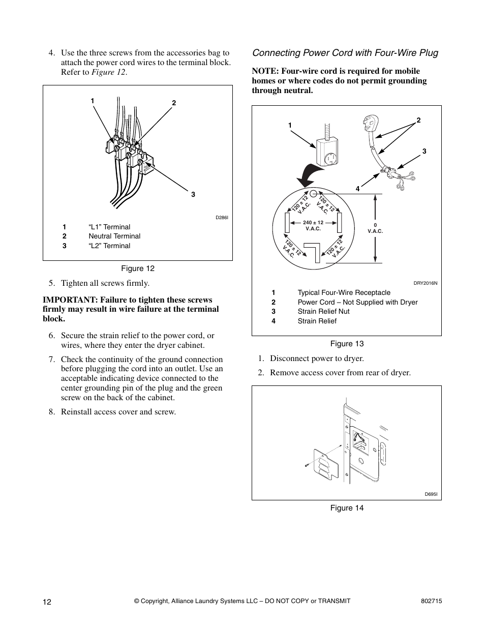 Connecting power cord with four-wire plug | Alliance Laundry Systems 802715 User Manual | Page 12 / 24