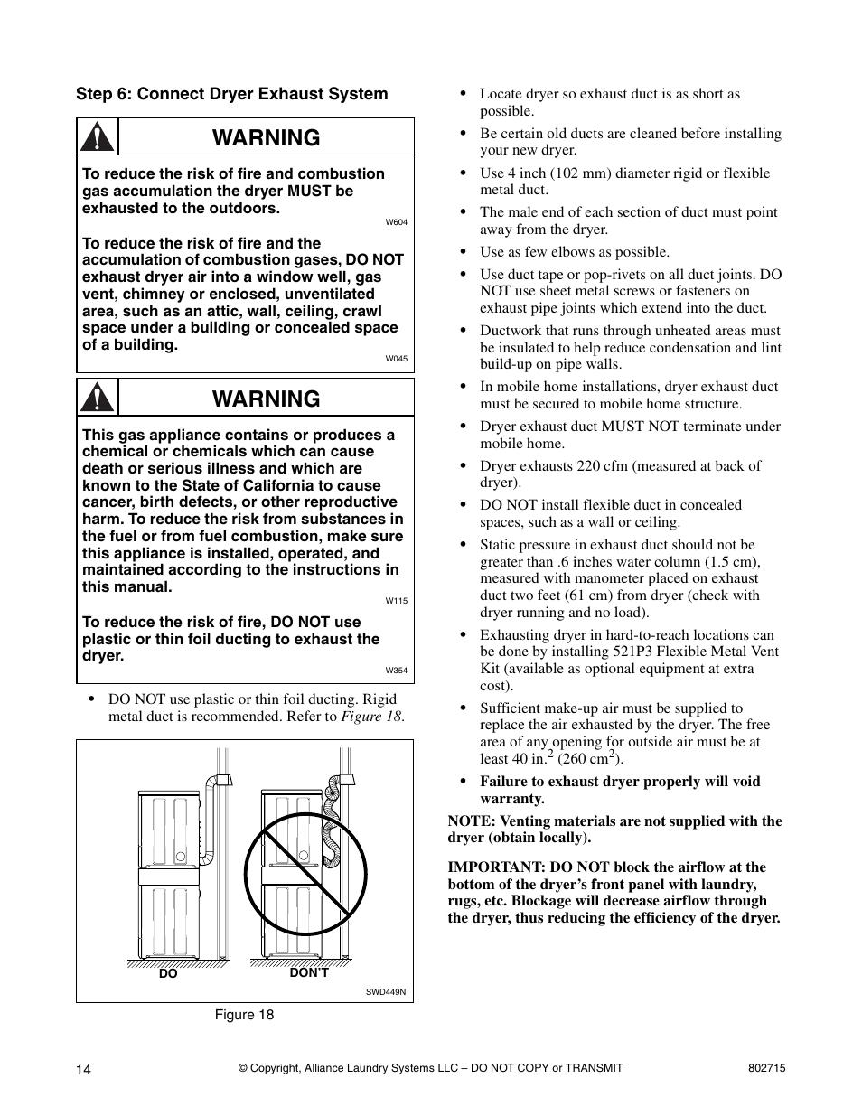 Warning | Alliance Laundry Systems 802715 User Manual | Page 14 / 24
