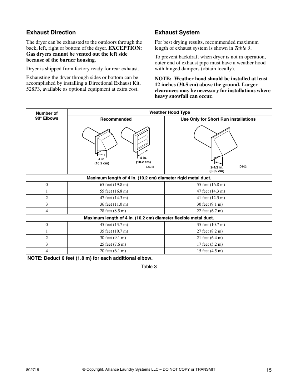 Exhaust direction, Exhaust system | Alliance Laundry Systems 802715 User Manual | Page 15 / 24