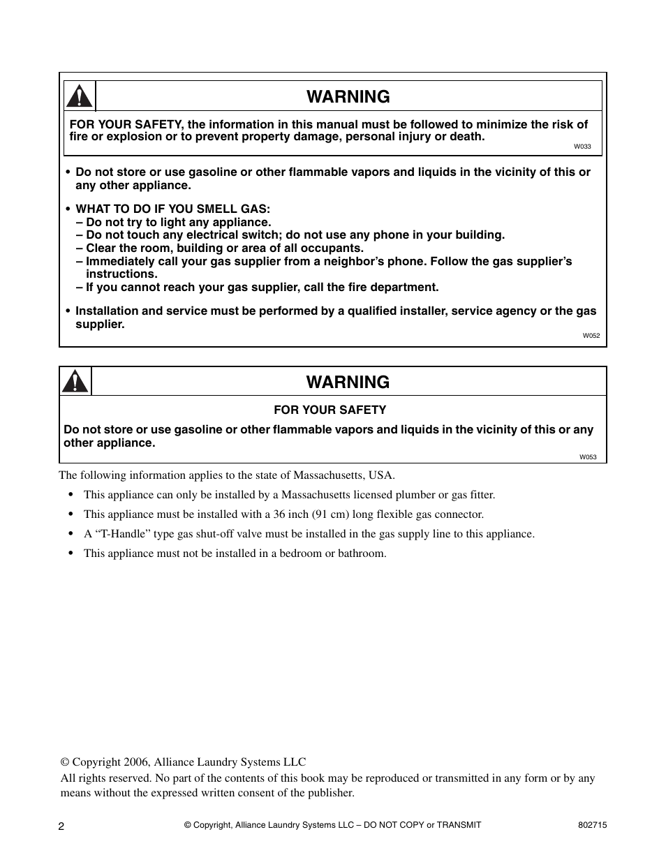 Warning | Alliance Laundry Systems 802715 User Manual | Page 2 / 24