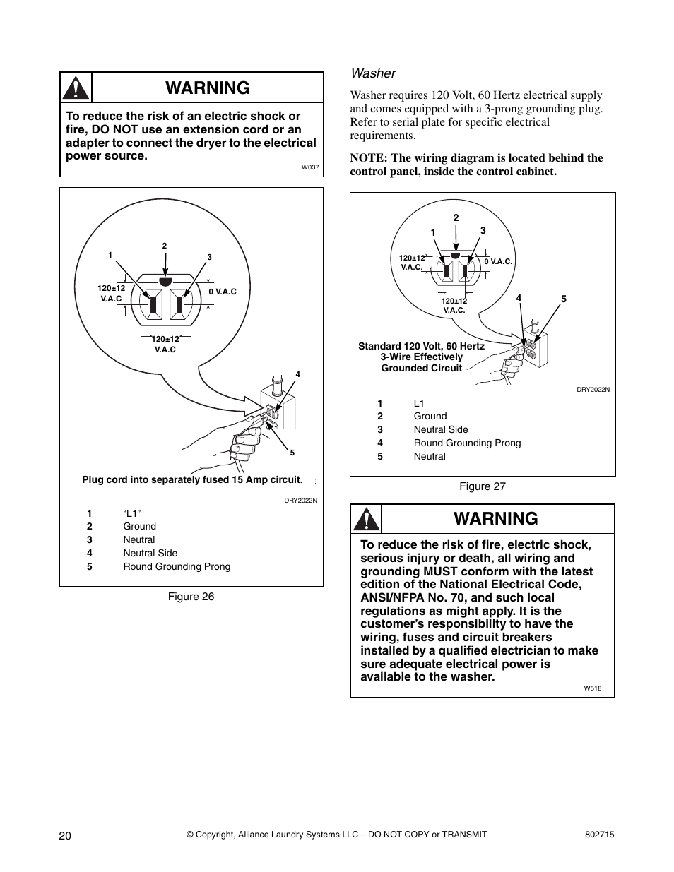 Warning, Washer | Alliance Laundry Systems 802715 User Manual | Page 20 / 24