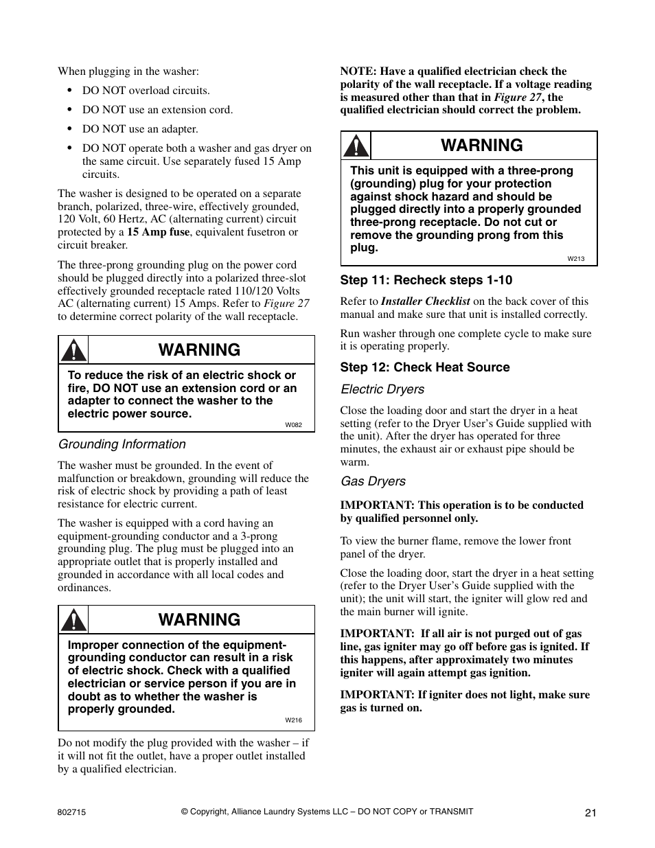Warning | Alliance Laundry Systems 802715 User Manual | Page 21 / 24