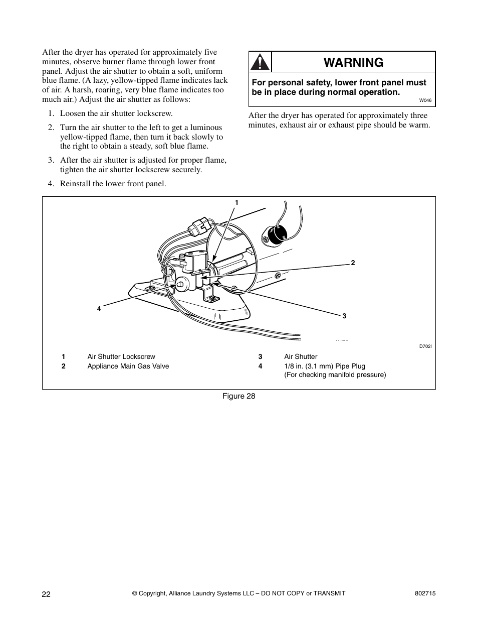 Warning | Alliance Laundry Systems 802715 User Manual | Page 22 / 24