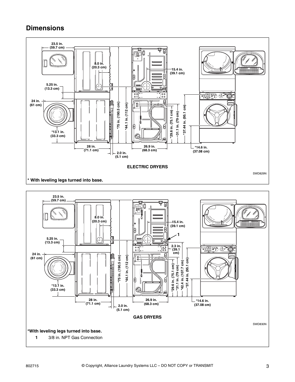 Dimensions, With leveling legs turned into base, Electric dryers | Gas dryers | Alliance Laundry Systems 802715 User Manual | Page 3 / 24