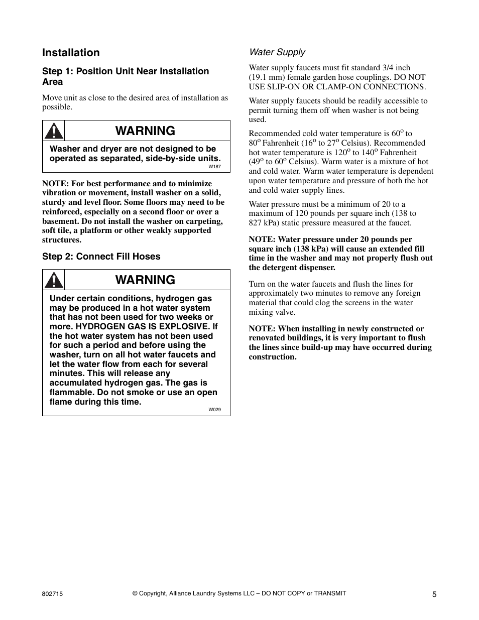 Warning, Installation | Alliance Laundry Systems 802715 User Manual | Page 5 / 24