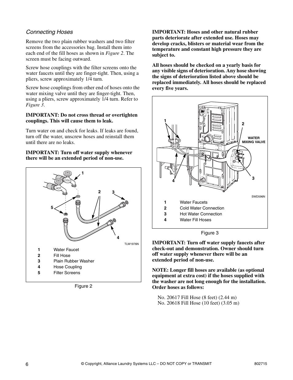 Connecting hoses | Alliance Laundry Systems 802715 User Manual | Page 6 / 24