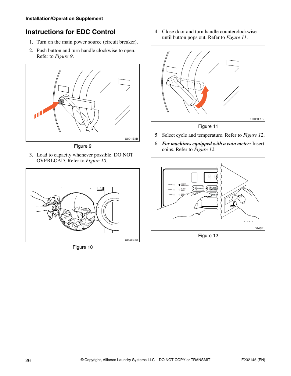 Instructions for edc control, Installation/operation supplement, Figure 9 | Figure 10, Figure 11, Figure 12 | Alliance Laundry Systems Washer-Extractor User Manual | Page 28 / 38