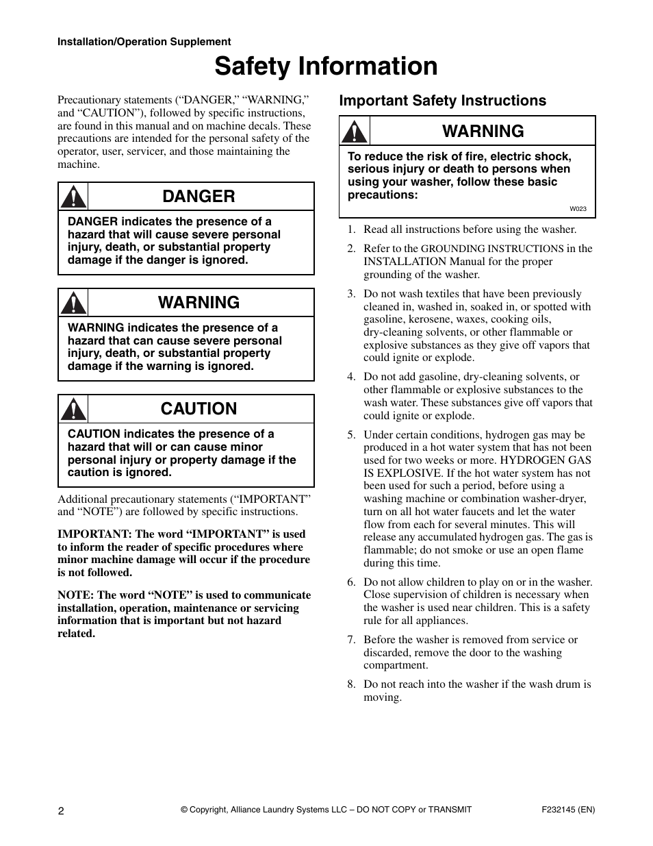 Safety information, Important safety instructions, Danger | Warning, Caution | Alliance Laundry Systems Washer-Extractor User Manual | Page 4 / 38