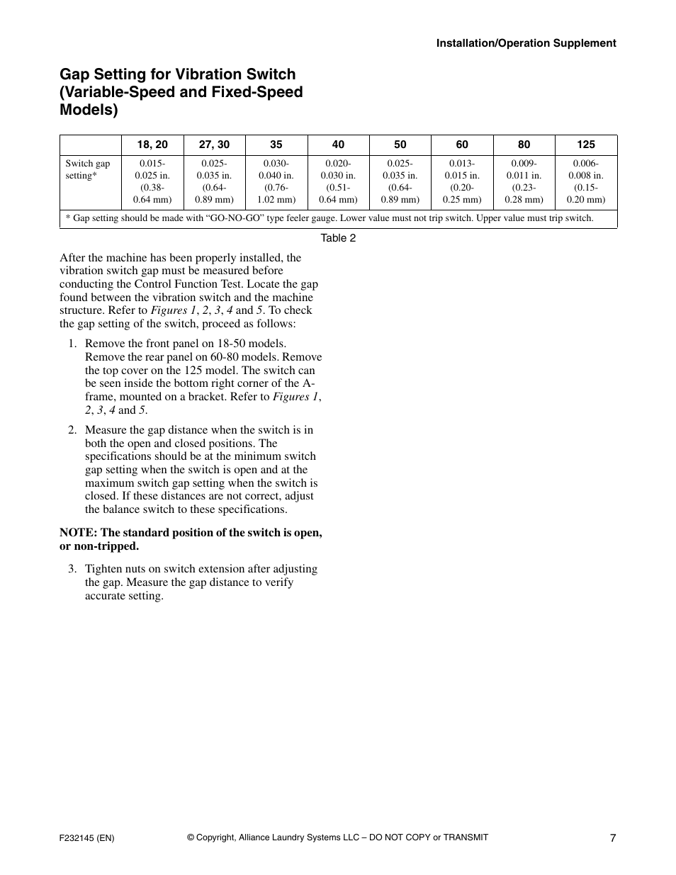 Gap setting for vibration switch, Variable-speed and fixed-speed models) | Alliance Laundry Systems Washer-Extractor User Manual | Page 9 / 38