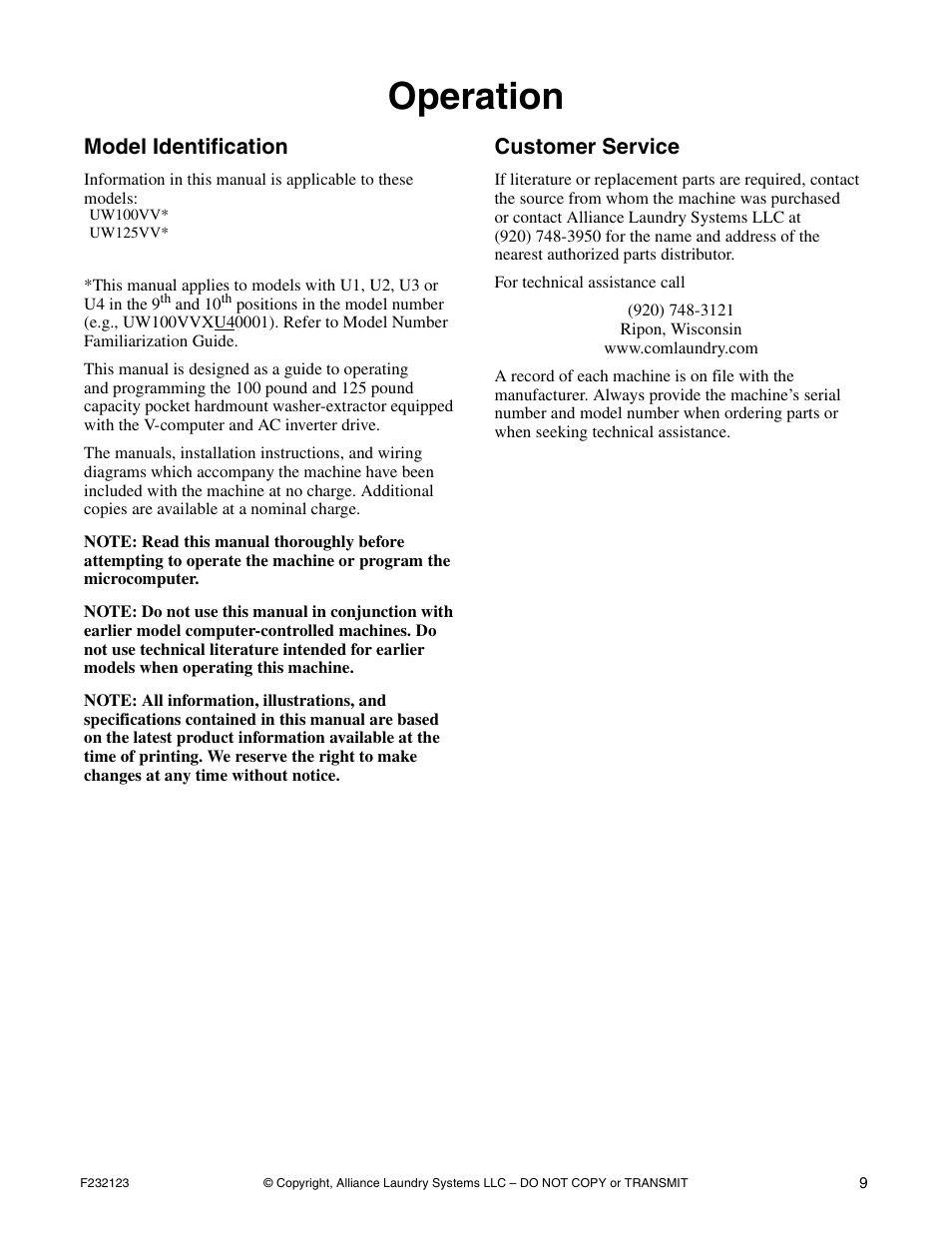 Operation, Model identification, Customer service | Alliance Laundry Systems UW125VV User Manual | Page 11 / 40