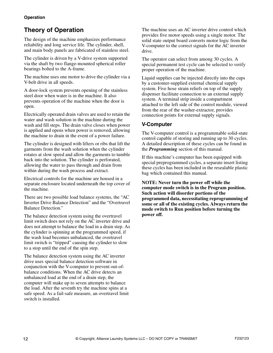 Theory of operation, V-computer | Alliance Laundry Systems UW125VV User Manual | Page 14 / 40
