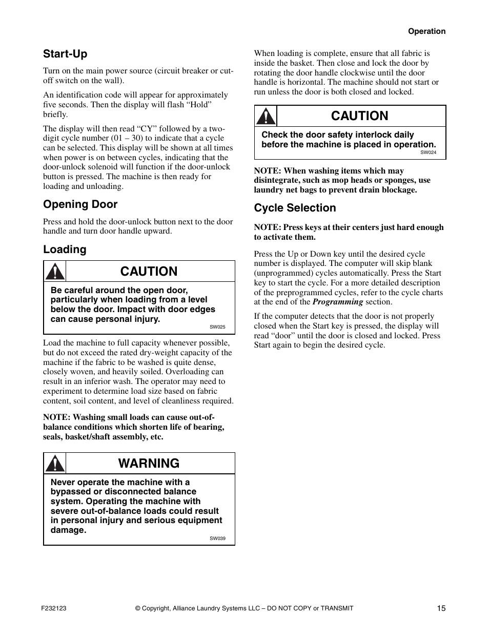 Start-up opening door loading cycle selection, Caution, Warning | Start-up, Opening door, Loading, Cycle selection | Alliance Laundry Systems UW125VV User Manual | Page 17 / 40