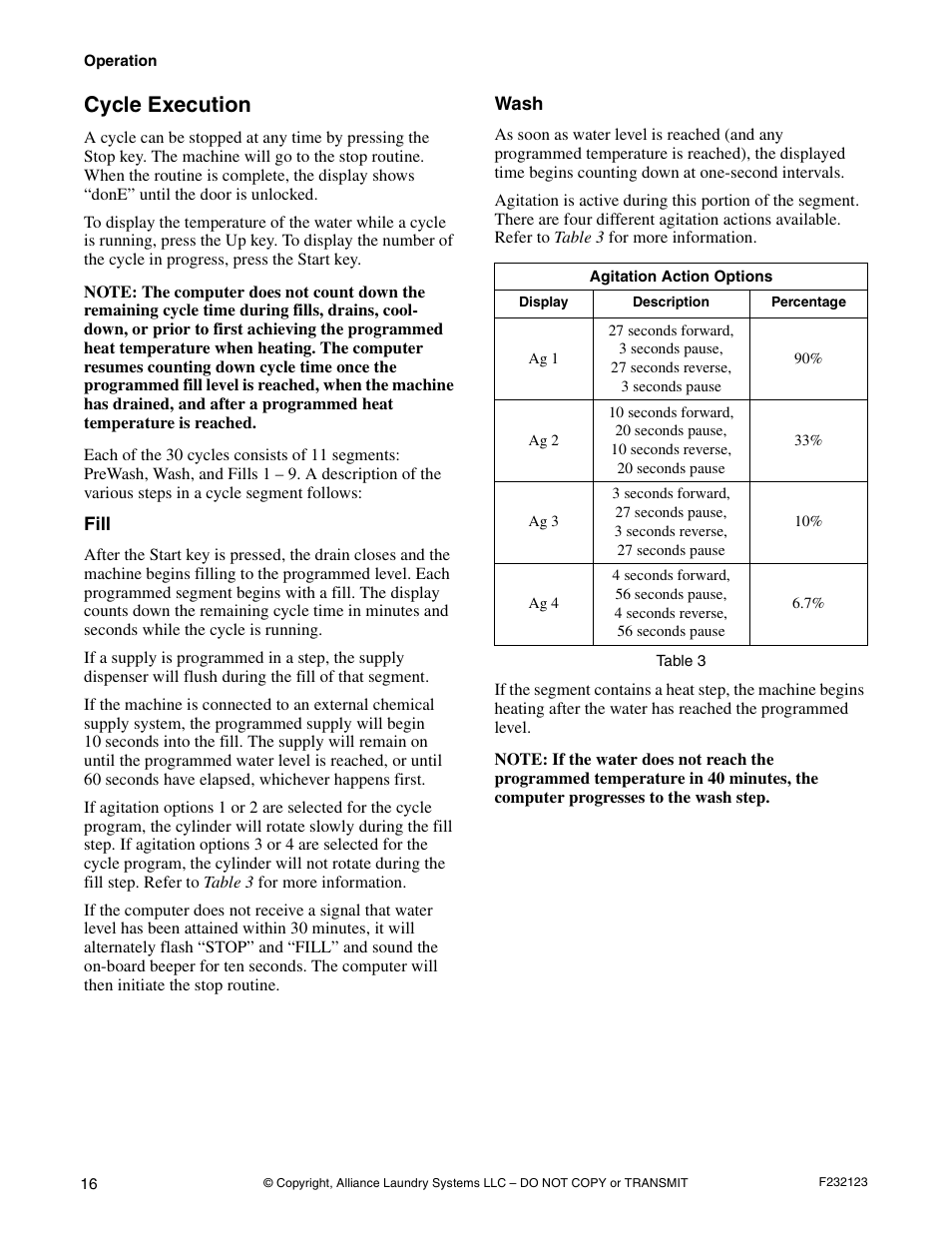 Cycle execution, Fill wash | Alliance Laundry Systems UW125VV User Manual | Page 18 / 40