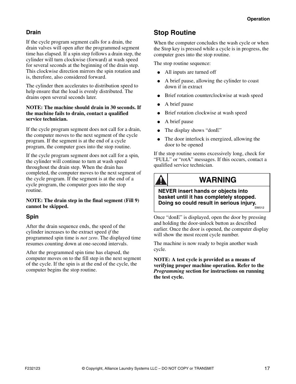 Drain spin, Stop routine, Warning | Alliance Laundry Systems UW125VV User Manual | Page 19 / 40