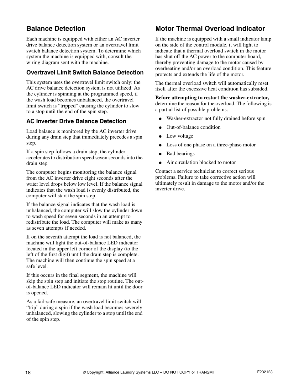 Balance detection, Motor thermal overload indicator | Alliance Laundry Systems UW125VV User Manual | Page 20 / 40