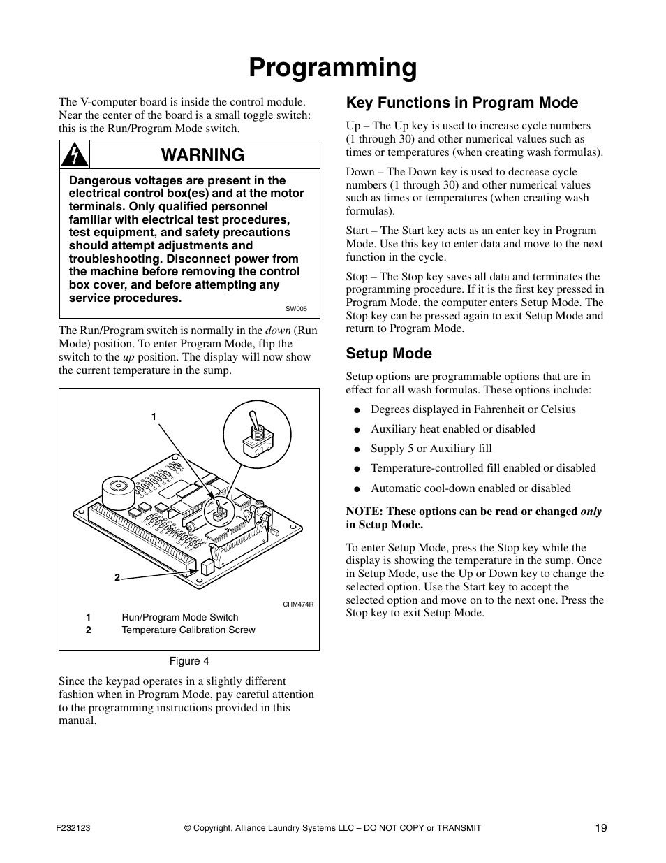 Programming, Key functions in program mode setup mode, Warning | Key functions in program mode, Setup mode | Alliance Laundry Systems UW125VV User Manual | Page 21 / 40