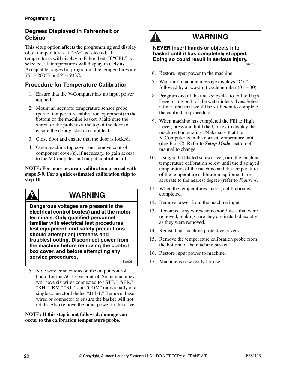 Warning | Alliance Laundry Systems UW125VV User Manual | Page 22 / 40
