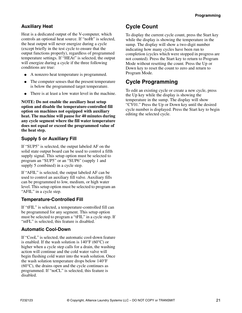 Cycle count cycle programming, Cycle count, Cycle programming | Alliance Laundry Systems UW125VV User Manual | Page 23 / 40