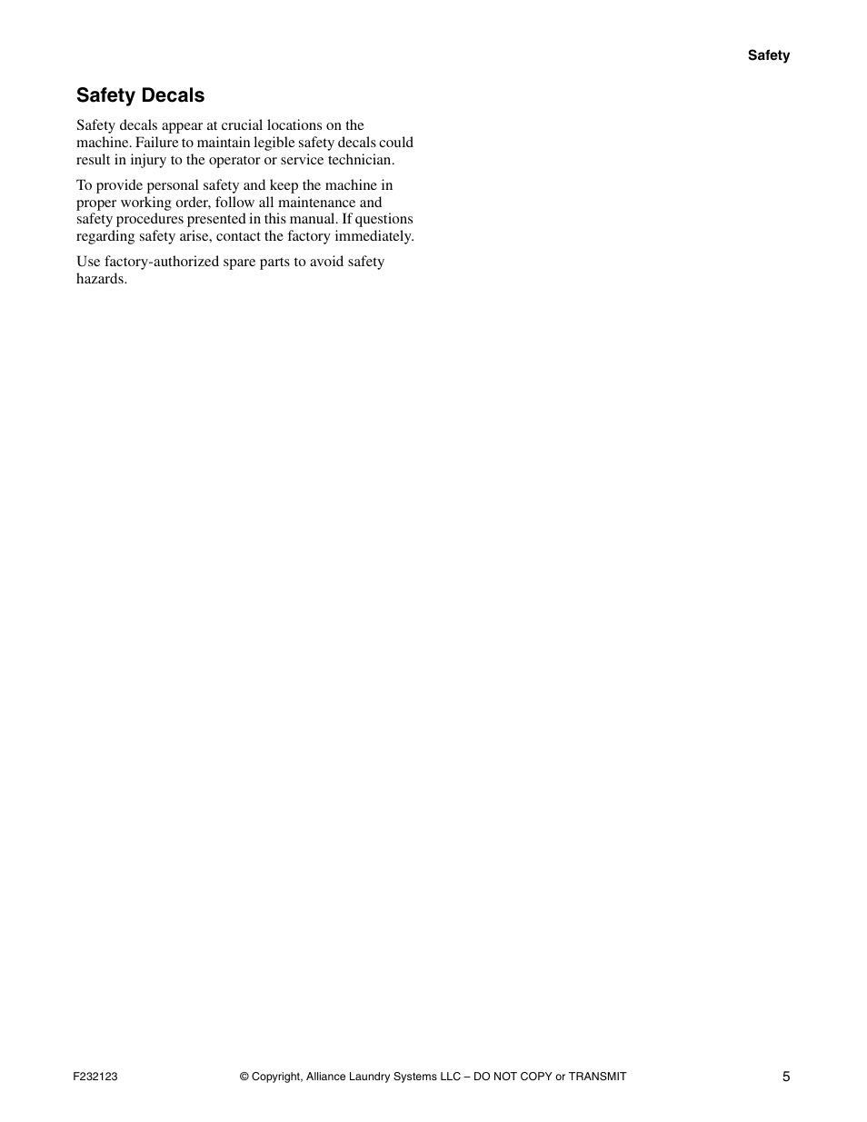 Safety decals | Alliance Laundry Systems UW125VV User Manual | Page 7 / 40