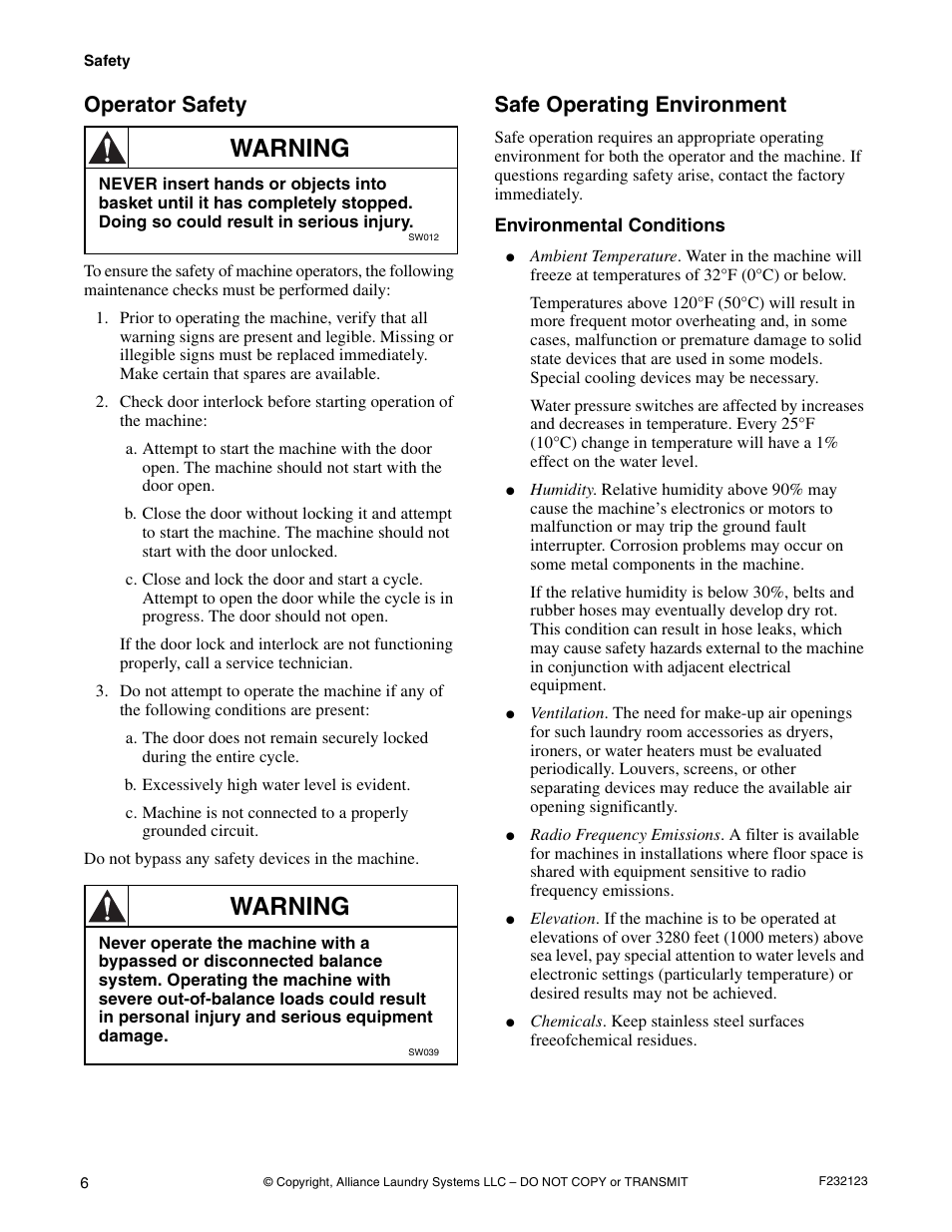 Operator safety, Safe operating environment, Environmental conditions | Warning | Alliance Laundry Systems UW125VV User Manual | Page 8 / 40