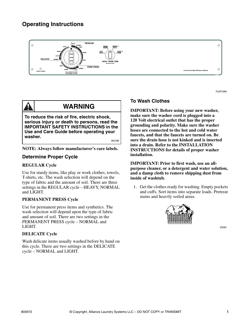 Warning, Operating instructions | Alliance Laundry Systems FTZ80A*H User Manual | Page 3 / 16