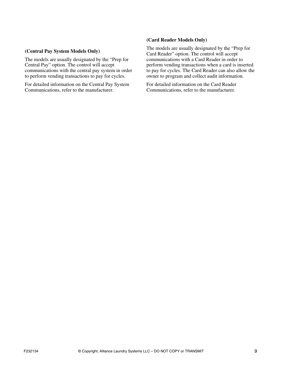 Communications, Central pay system, Card reader | Alliance Laundry Systems Hardmount Coin and OPL User Manual | Page 11 / 20