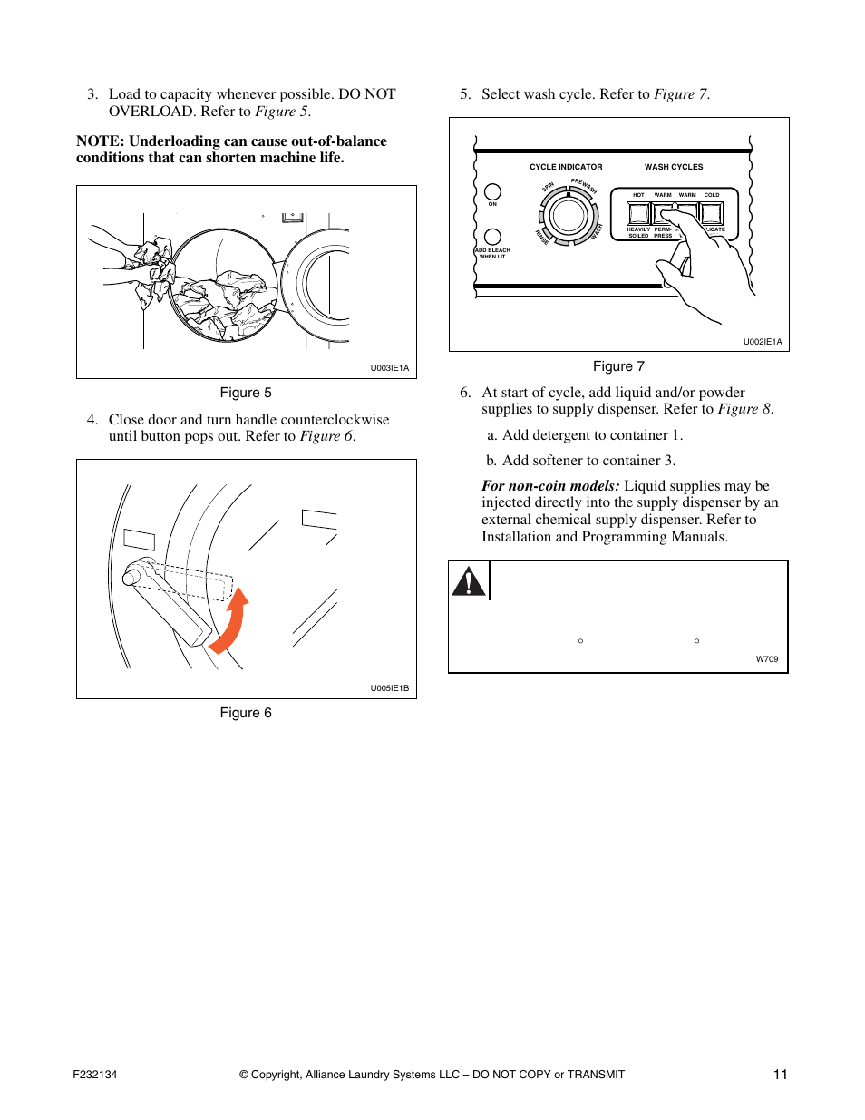 Warning, Select wash cy cle. refer to figure 7, Operation 11 | Figure 5, Figure 6, Figure 7 | Alliance Laundry Systems Hardmount Coin and OPL User Manual | Page 13 / 20