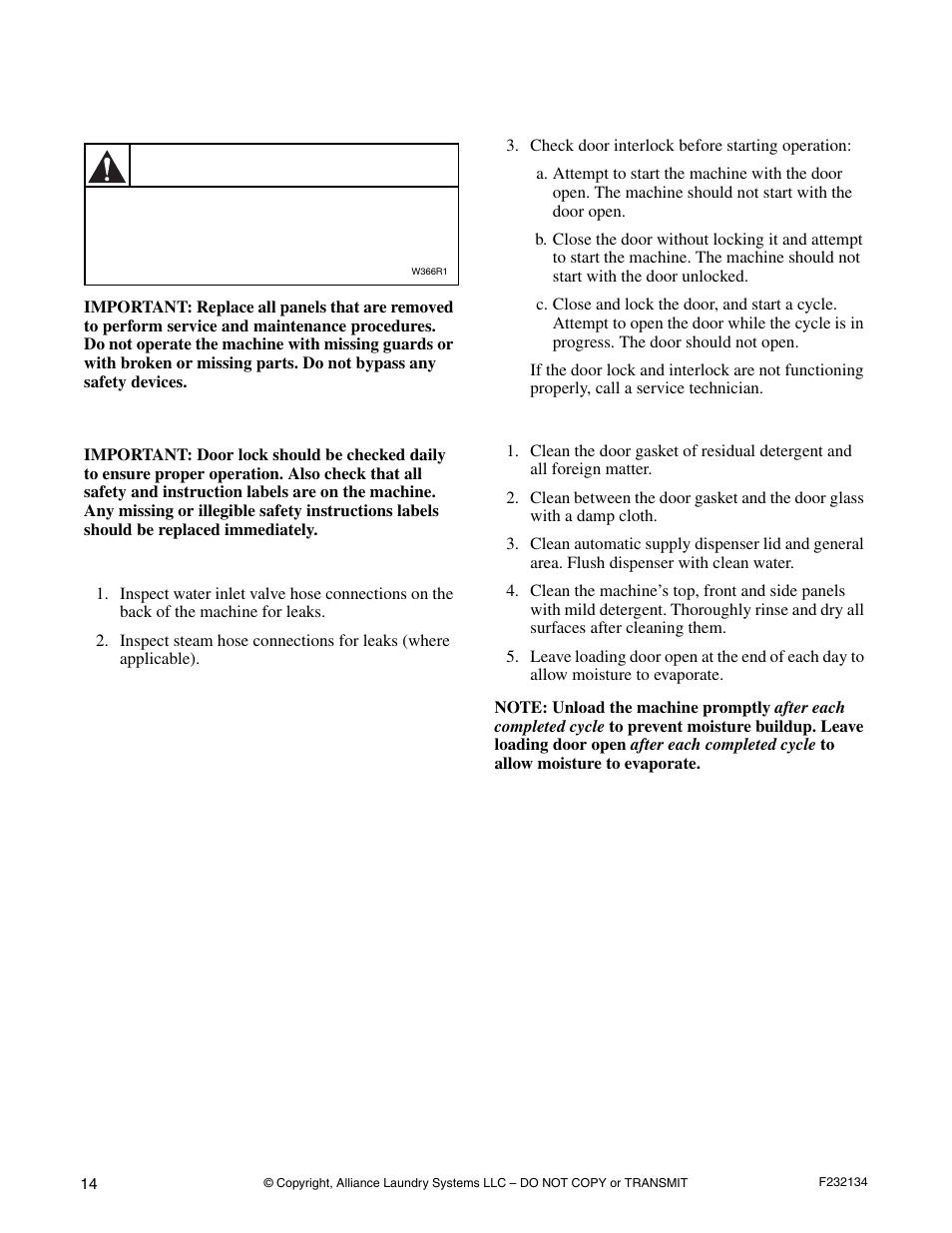 Maintenance, Daily, Beginning of day end of day | Warning | Alliance Laundry Systems Hardmount Coin and OPL User Manual | Page 16 / 20