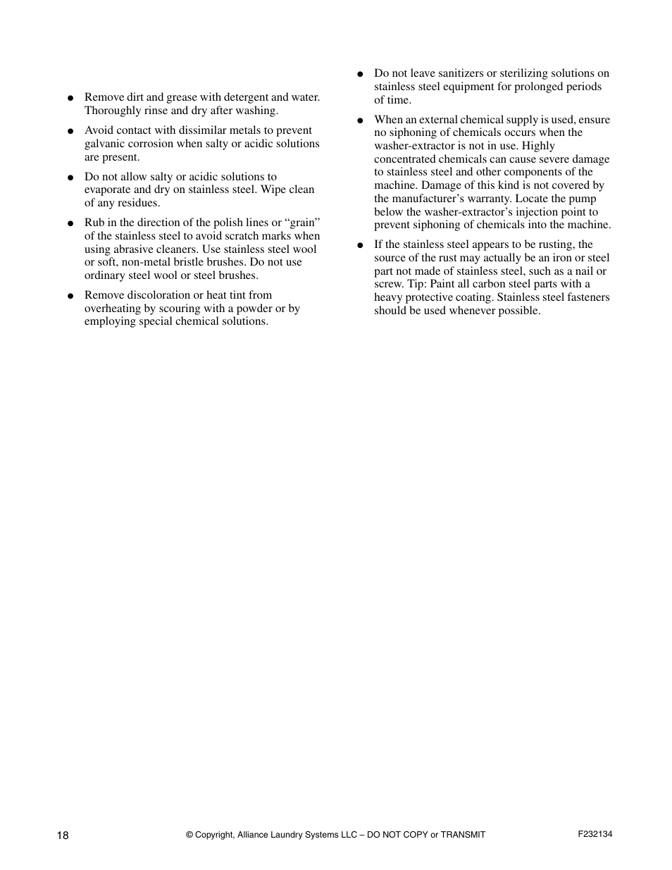 Care of stainless steel | Alliance Laundry Systems Hardmount Coin and OPL User Manual | Page 20 / 20