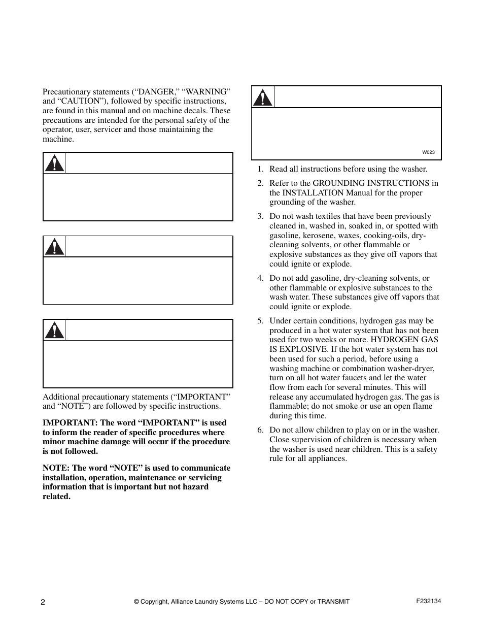 Safety information, Explaination of safety messages, Important safety instructions | Danger, Warning, Caution | Alliance Laundry Systems Hardmount Coin and OPL User Manual | Page 4 / 20