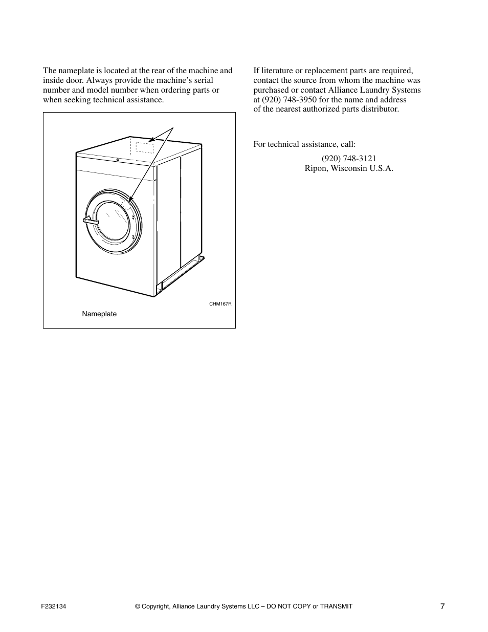 Nameplate location, Customer service, Replacement parts | Alliance Laundry Systems Hardmount Coin and OPL User Manual | Page 9 / 20