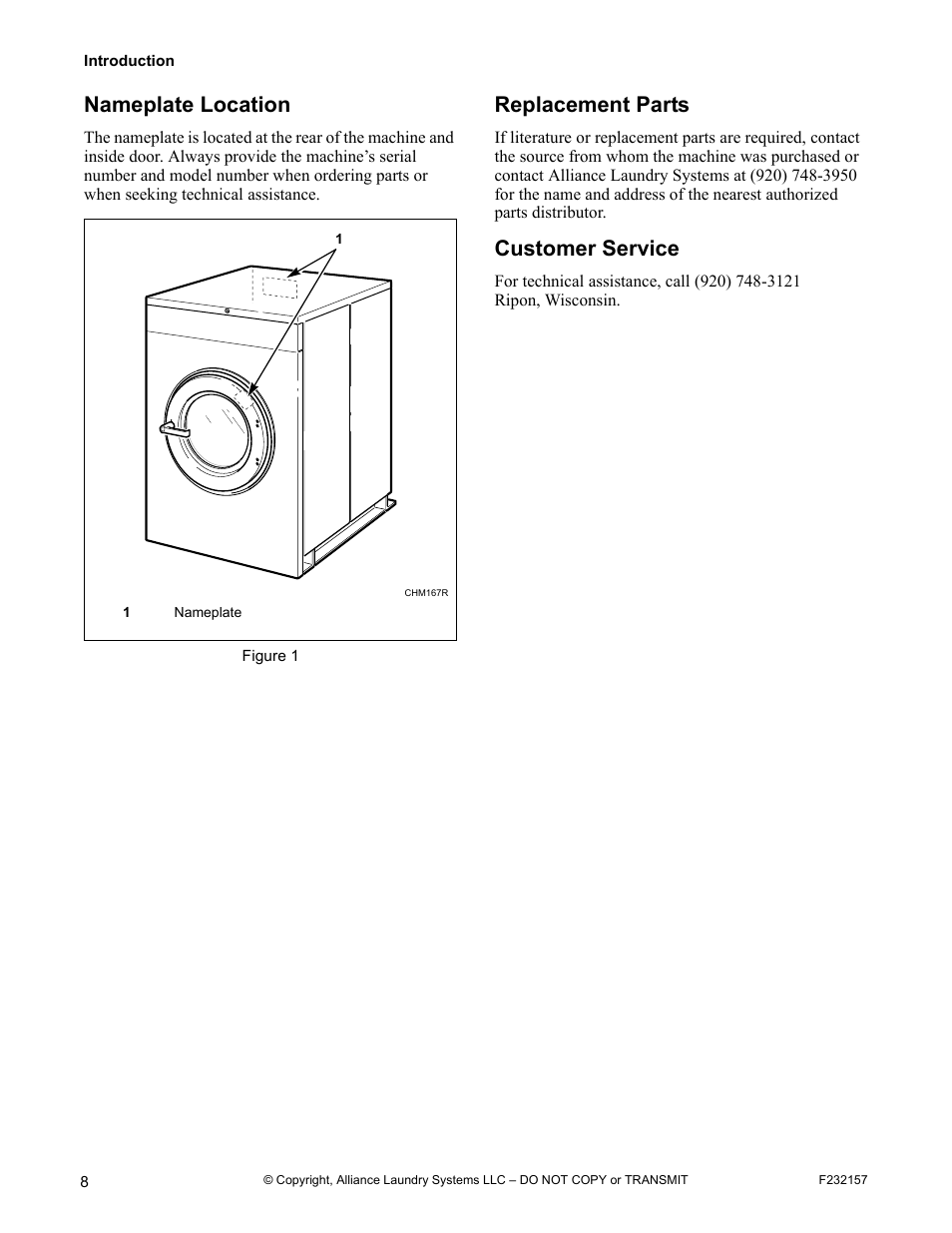 Nameplate location, Replacement parts, Customer service | Alliance Laundry Systems F232157R7 User Manual | Page 10 / 36