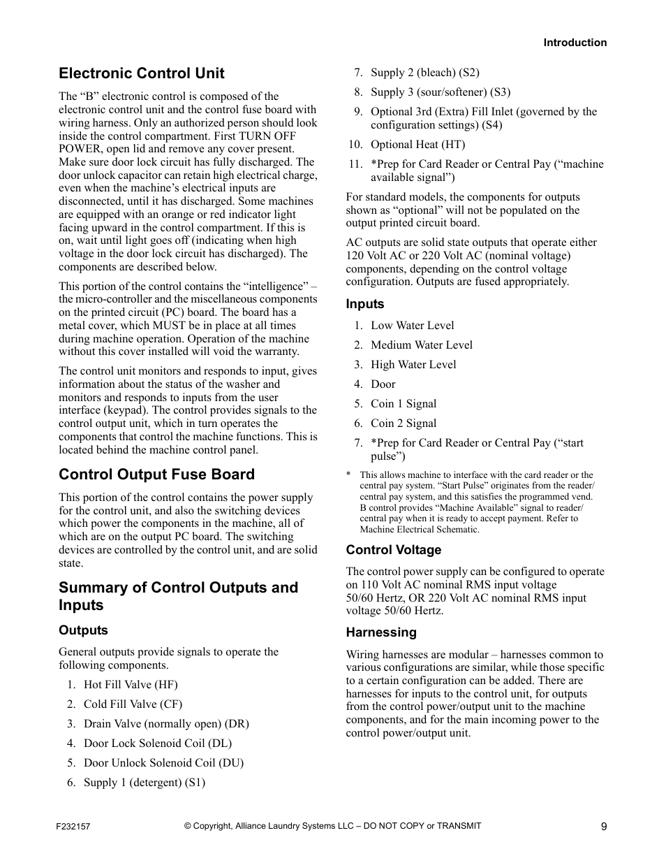 Electronic control unit, Control output fuse board, Summary of control outputs and inputs | Outputs, Inputs, Control voltage, Harnessing | Alliance Laundry Systems F232157R7 User Manual | Page 11 / 36