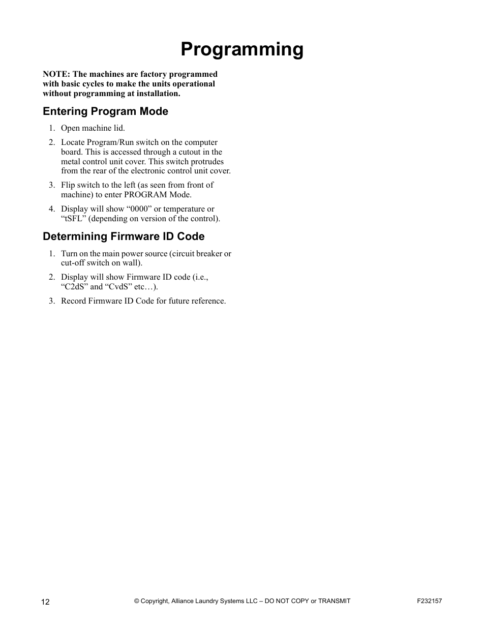 Programming, Entering program mode determining firmware id code | Alliance Laundry Systems F232157R7 User Manual | Page 14 / 36