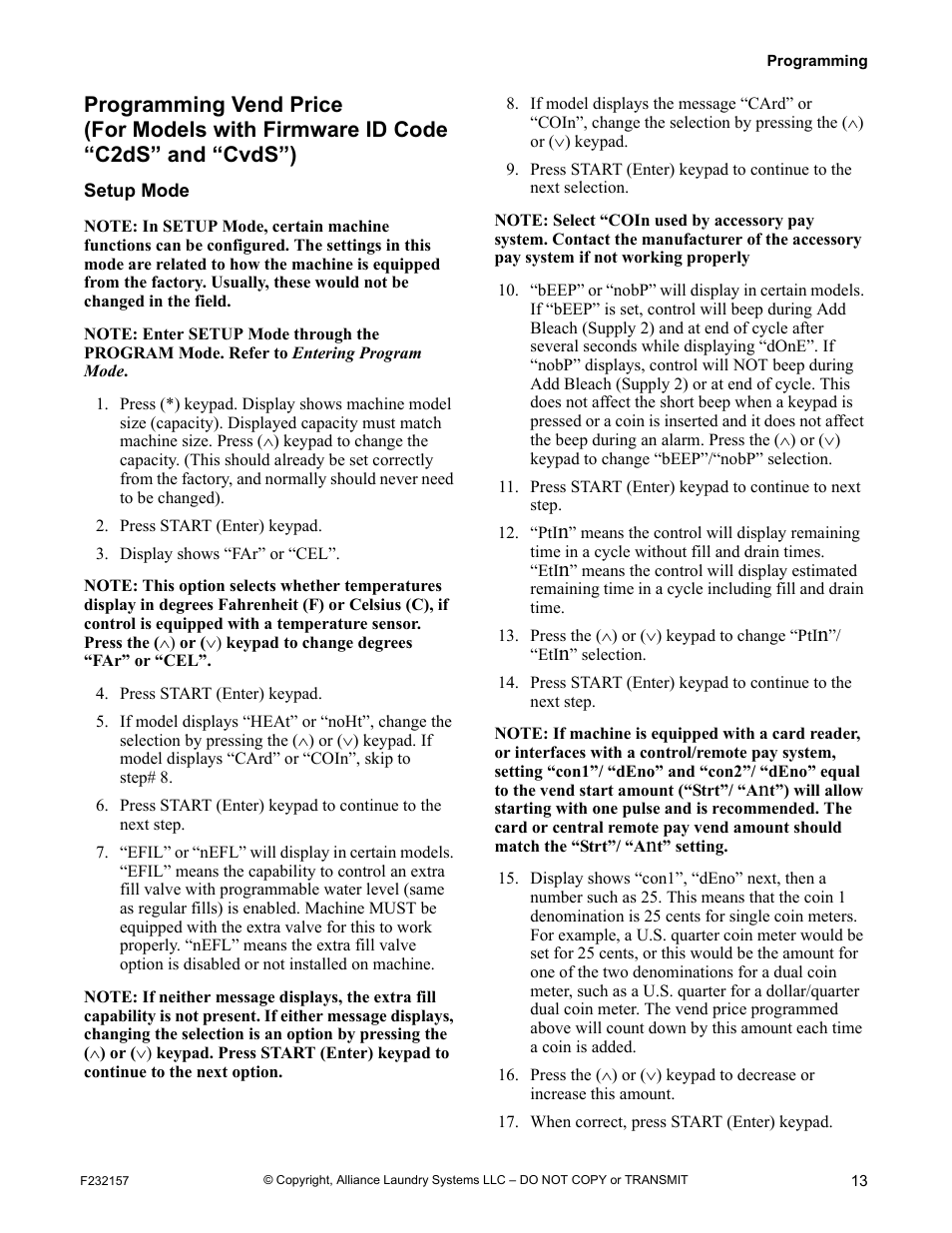 Programming vend price, Setup mode | Alliance Laundry Systems F232157R7 User Manual | Page 15 / 36