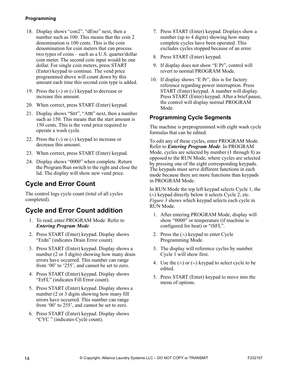 Programming cycle segments, Cycle and error count, Cycle and error count addition | Alliance Laundry Systems F232157R7 User Manual | Page 16 / 36